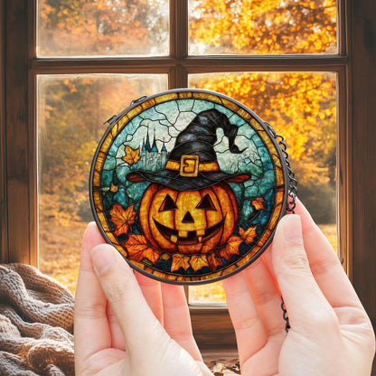 Fall Pumpkin Witch Stained Glass Suncatcher, Pumpkin Fall Vibes Window Hanging Decor, Charming Pumpkin Suncatcher, Fall Suncatcher Decor