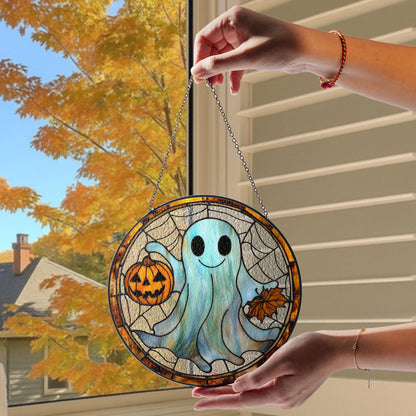 Cute Ghost Stained Glass Suncatcher – Smiling Halloween Suncatcher with Pumpkin & Fall Leaves, Spooky but Sweet Autumn Window Decor