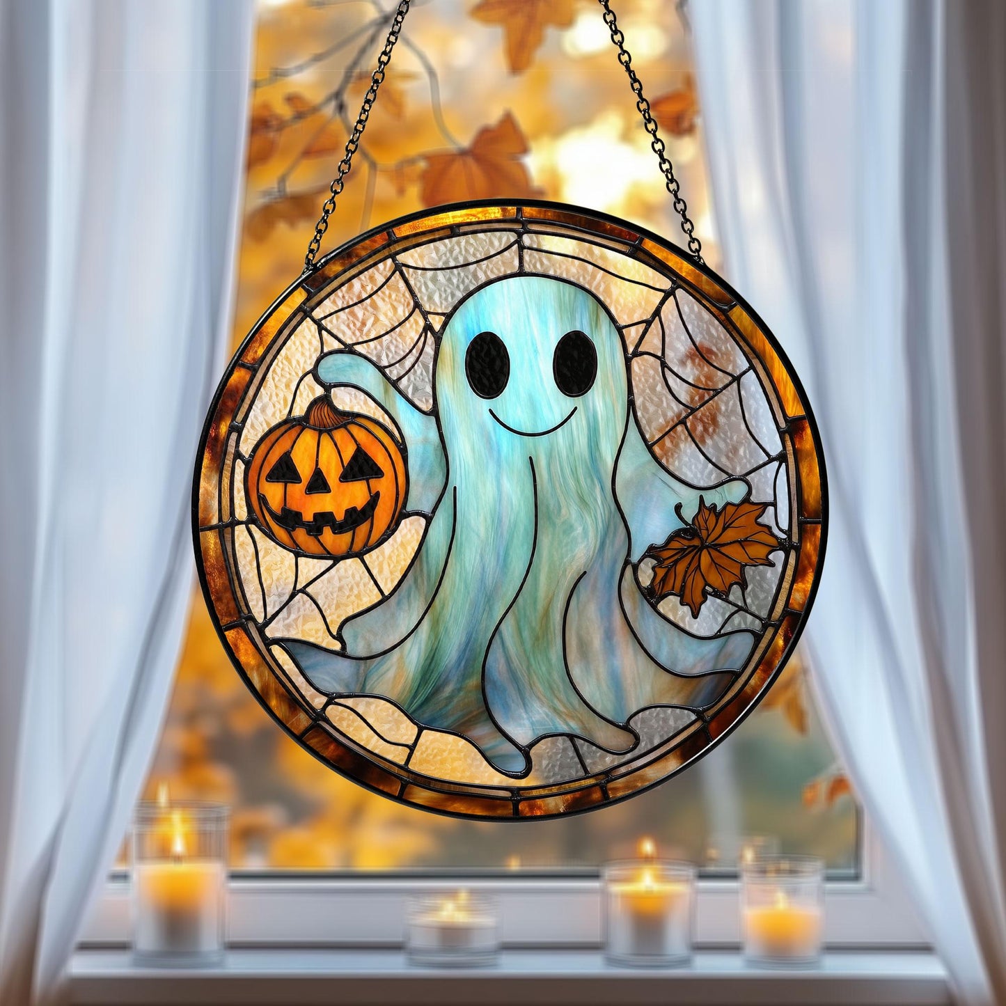 Cute Ghost Stained Glass Suncatcher – Smiling Halloween Suncatcher with Pumpkin & Fall Leaves, Spooky but Sweet Autumn Window Decor
