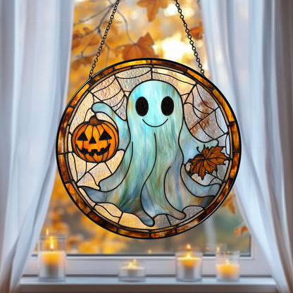 Cute Ghost Stained Glass Suncatcher – Smiling Halloween Suncatcher with Pumpkin & Fall Leaves, Spooky but Sweet Autumn Window Decor