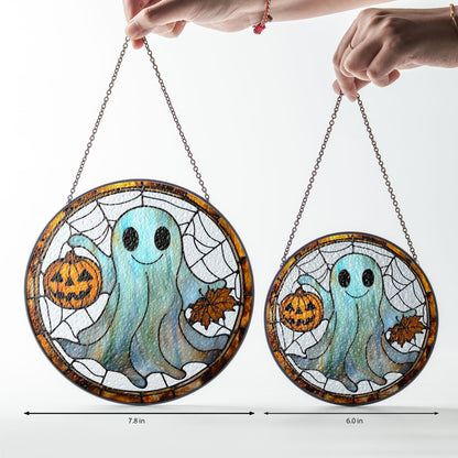 Cute Ghost Stained Glass Suncatcher – Smiling Halloween Suncatcher with Pumpkin & Fall Leaves, Spooky but Sweet Autumn Window Decor