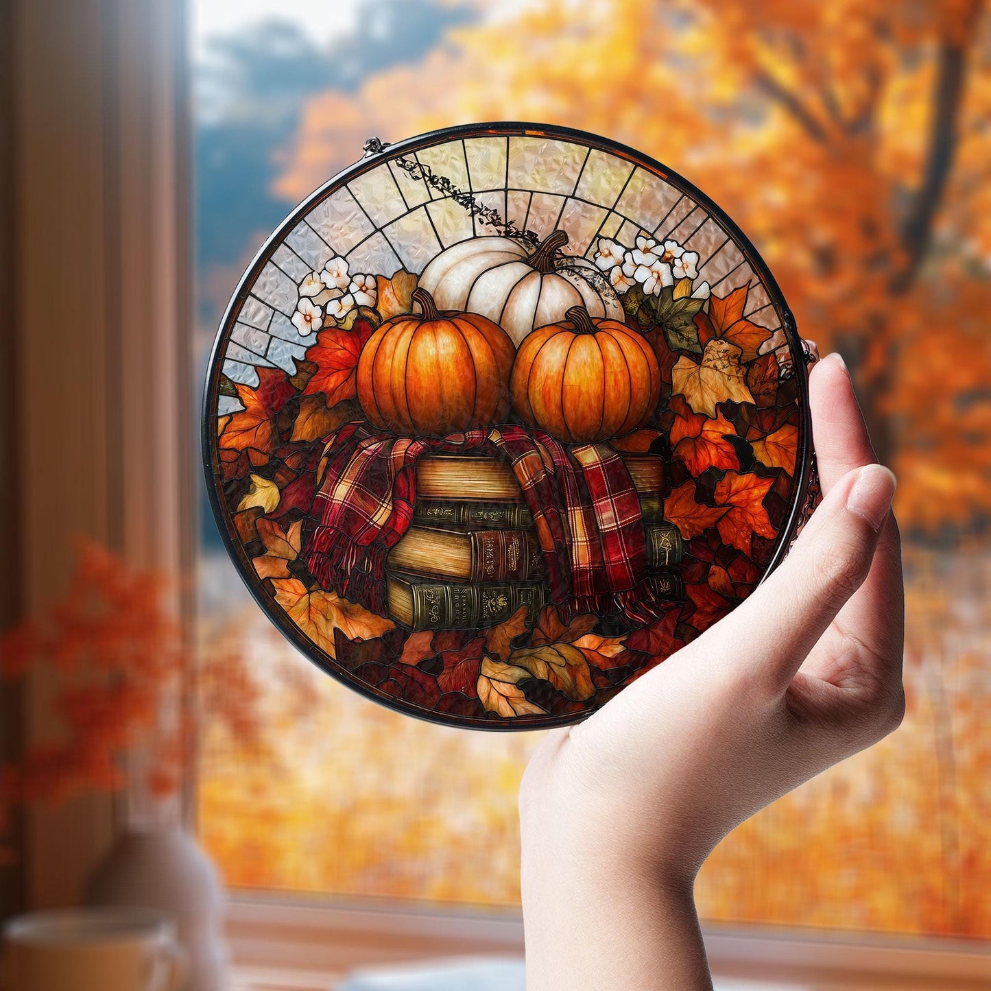 Pumpkin Books Stained Glass Decor, Cozy Fall Suncatcher with Leaves & Plaid, Thanksgiving Rustic Decor for Autumn Home or Reading Nook