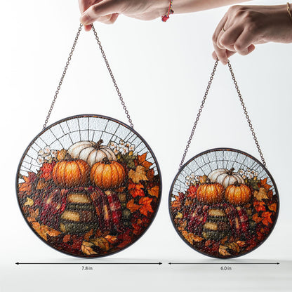 Pumpkin Books Stained Glass Decor, Cozy Fall Suncatcher with Leaves & Plaid, Thanksgiving Rustic Decor for Autumn Home or Reading Nook