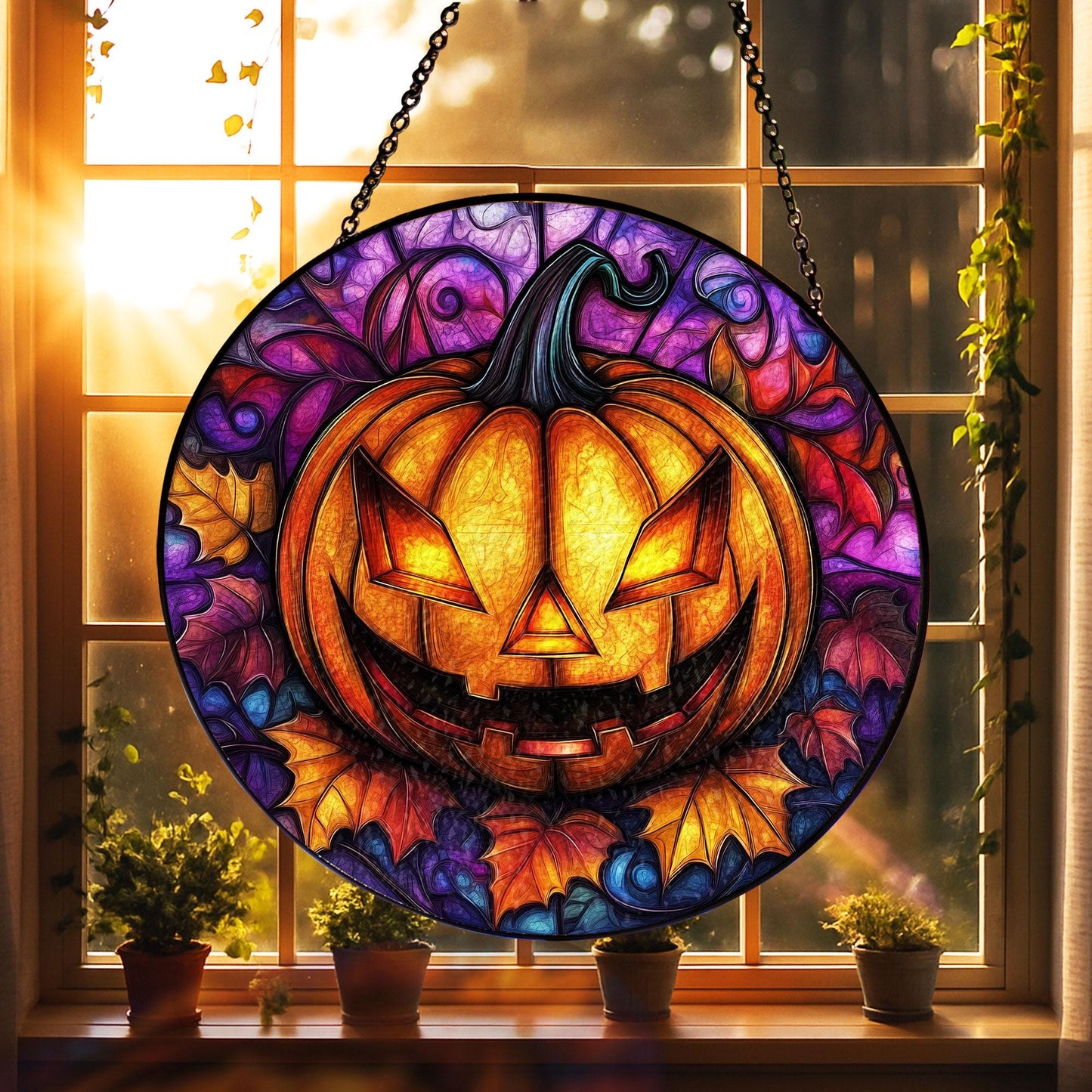 Halloween Pumpkin Stained Glass Suncatcher – Spooky Jack-O’-Lantern Window Hanging Decor or Gift, Glowing Fall Accent for Haunted Home