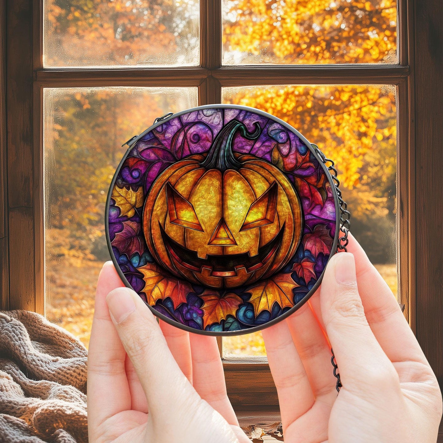 Halloween Pumpkin Stained Glass Suncatcher – Spooky Jack-O’-Lantern Window Hanging Decor or Gift, Glowing Fall Accent for Haunted Home