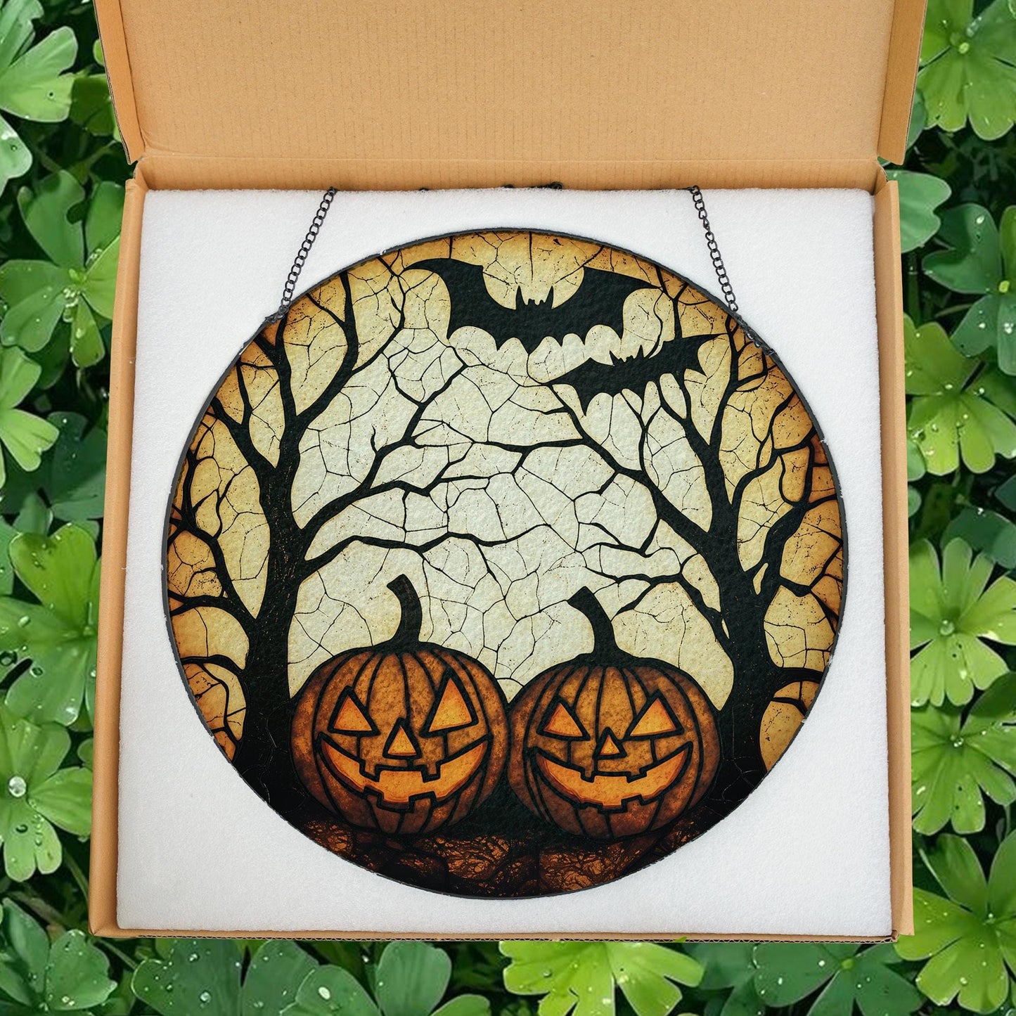 Halloween Jack-O’-Lantern Pumpkin Stained Glass – Spooky Tree & Bat Window Hanging, Gothic Fall Suncatcher for Haunted House or Autumn Decor