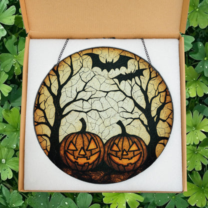 Halloween Jack-O’-Lantern Pumpkin Stained Glass – Spooky Tree & Bat Window Hanging, Gothic Fall Suncatcher for Haunted House or Autumn Decor