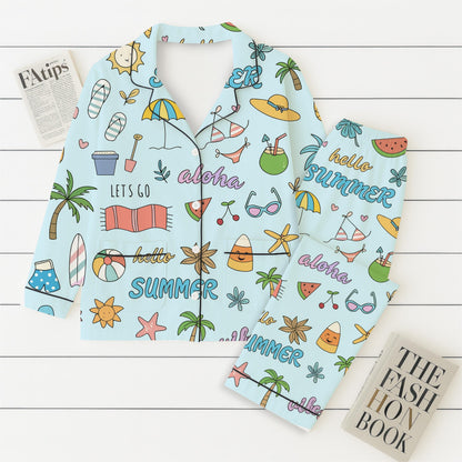 Hello Summer Pajamas Set, Aloha Summer Sleepwear, Beach Pattern Homewear, Marine Life Pjs, Funny Vacation Gift