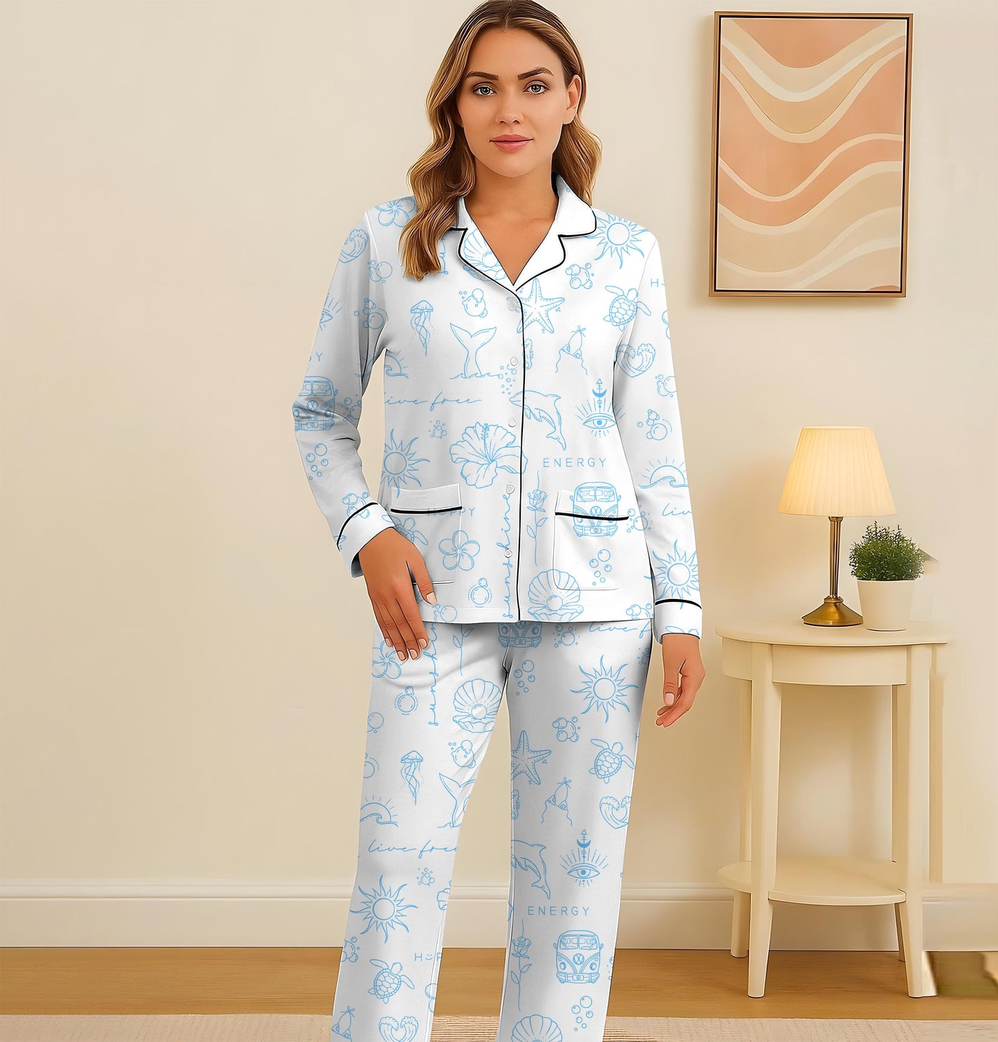 Beach Pattern Pajamas Set, Marine Life Sleepwear, Sea Theme Homewear, Summer Vacation Gift, Sunshine Pyjamas, Halloween Gift
