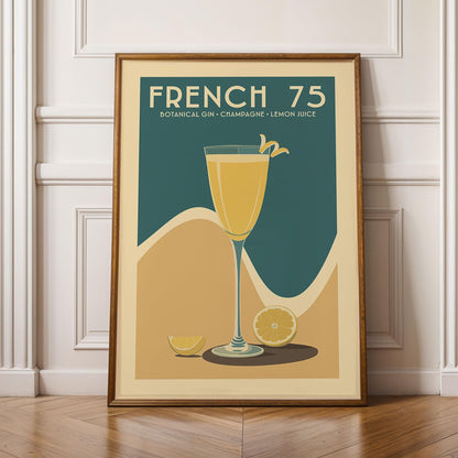 French 75 Cocktail Print, Vintage French 75 Cocktail Poster | Bar Cart Prints | Mid Century Modern Alcohol Poster for Home Bar Cart
