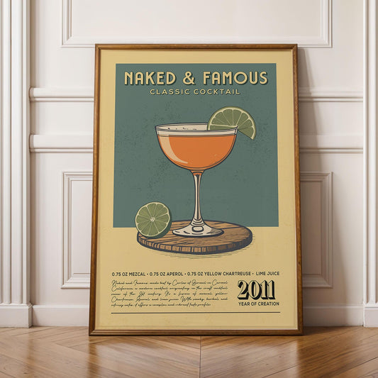 Naked and Famous Cocktail Print, Naked and Famous Cocktail Poster | Bar Cart Prints | Vintage Cocktail Art Bar Accessories for Home Bar Cart