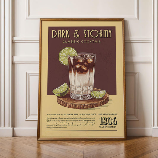 Dark N Stormy Cocktail Print, Dark and Stormy Cocktail Poster | Bar Cart Prints | Vintage Cocktail Recipe Poster for Home Bar Cart
