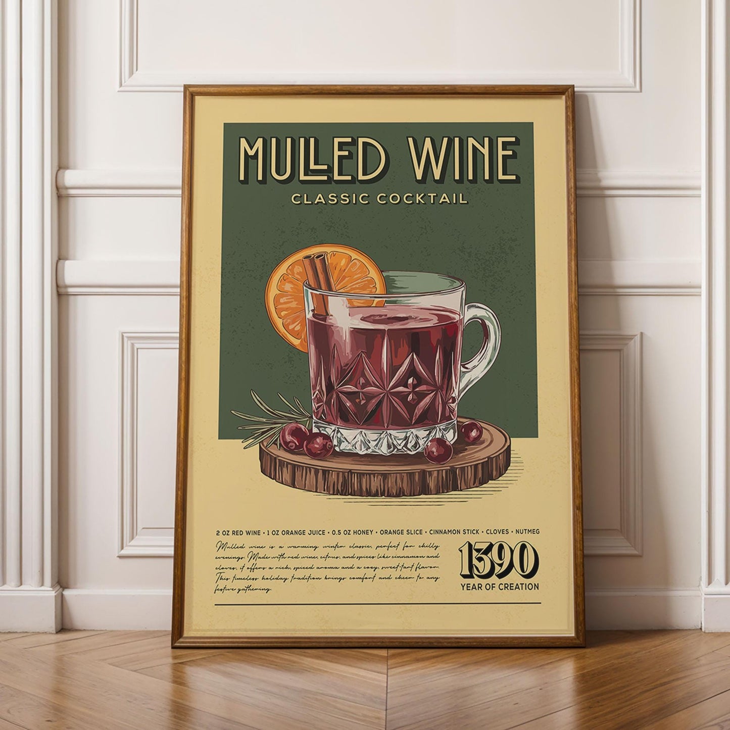 Mulled Wine Cocktail Print, Retro Mulled Wine Cocktail Poster | Bar Cart Prints | Vintage Kitchen Wall Art for Home Bar Cart
