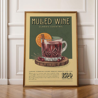 Mulled Wine Cocktail Print, Retro Mulled Wine Cocktail Poster | Bar Cart Prints | Vintage Kitchen Wall Art for Home Bar Cart