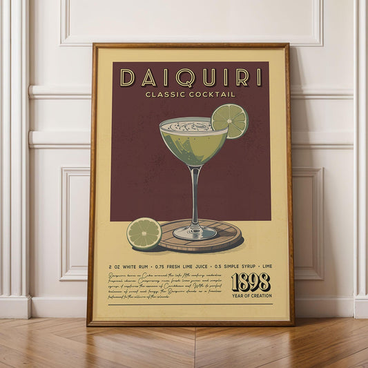 Daiquiri Cocktail Print, Daiquiri Cocktail Poster | Bar Cart Prints | Vintage Cocktail Art Bar Accessories for Home Bar Cart
