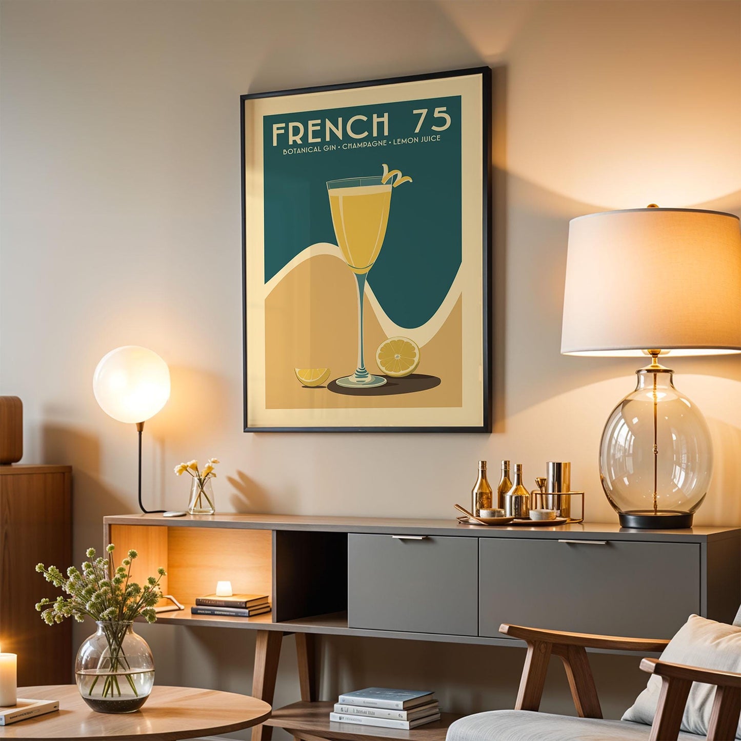 French 75 Cocktail Print, Vintage French 75 Cocktail Poster | Bar Cart Prints | Mid Century Modern Alcohol Poster for Home Bar Cart