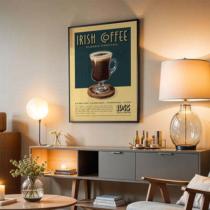Irish Coffee Cocktail Print, Irish Coffee Cocktail Poster | Bar Cart Prints | Vintage Cocktail Art Bar Accessories for Home Bar Cart