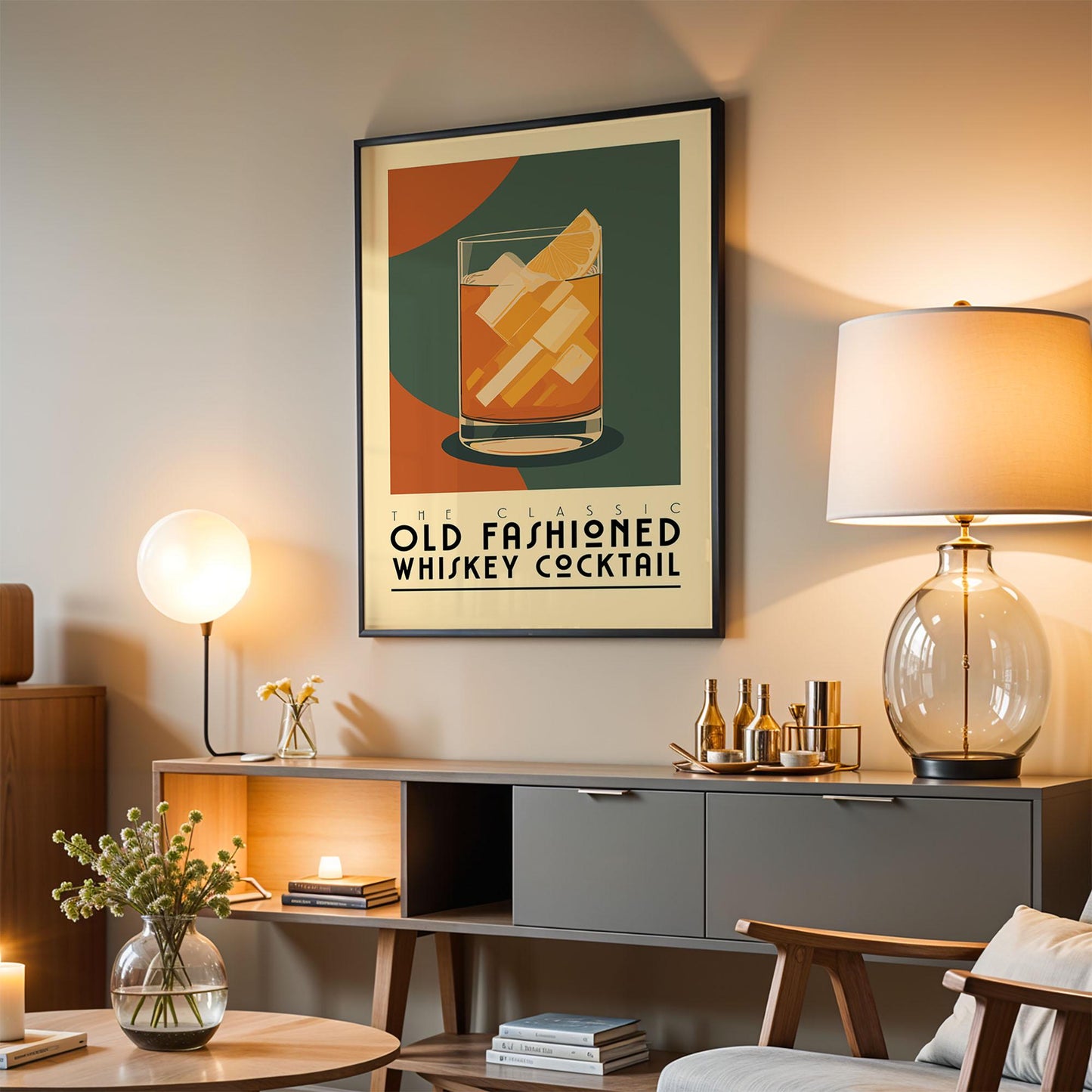 Old Fashioned Cocktail Poster, Retro Old Fashioned Cocktail Print | Bar Cart Prints | Vintage Cocktail Art Bar Accessories for Home Bar Cart
