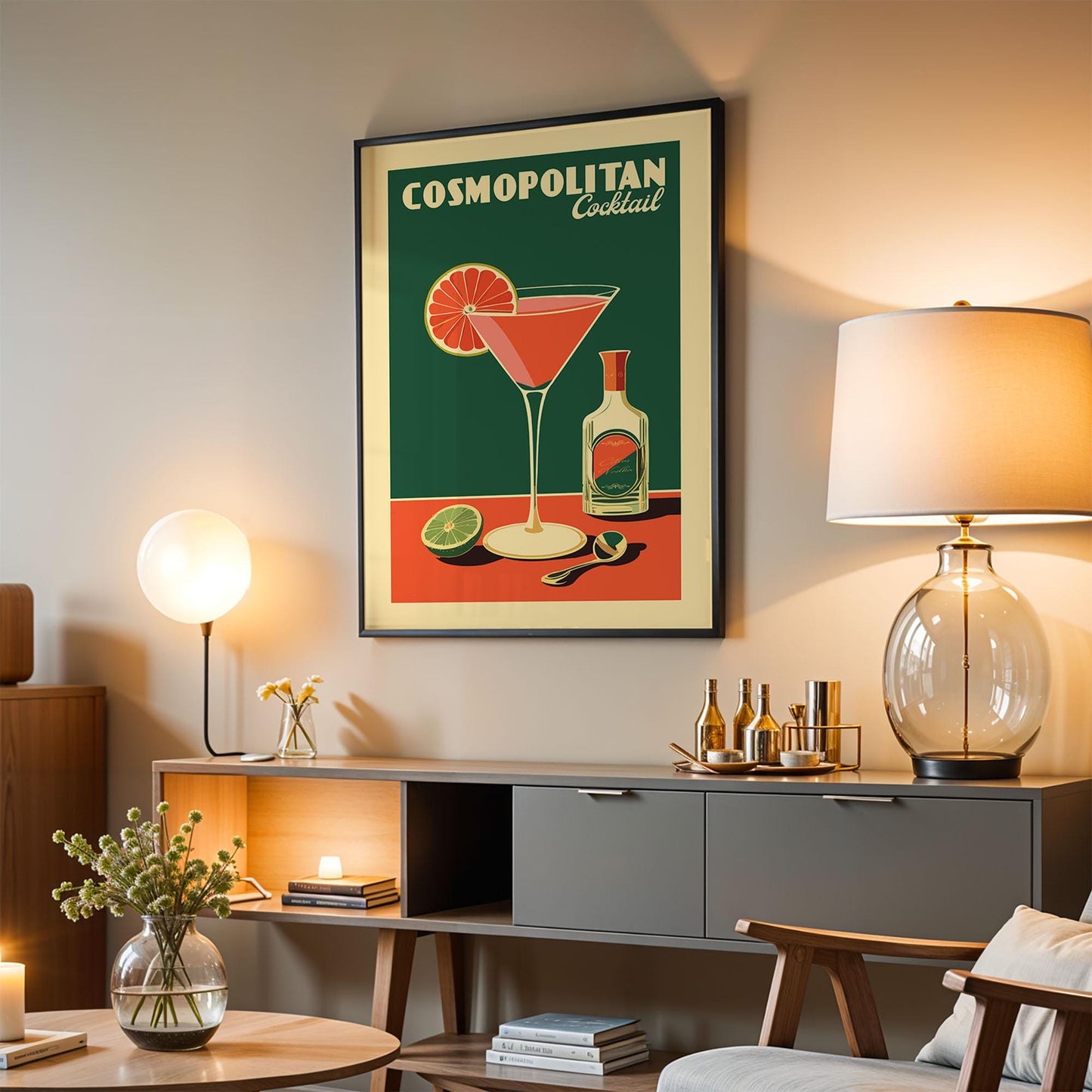 Cosmopolitan Cocktail Print, Cosmopolitan Cocktail Poster, Bar Wall Art, Classic Bar Cart Art Prints, Retro Cocktail Print, Bar Accessories