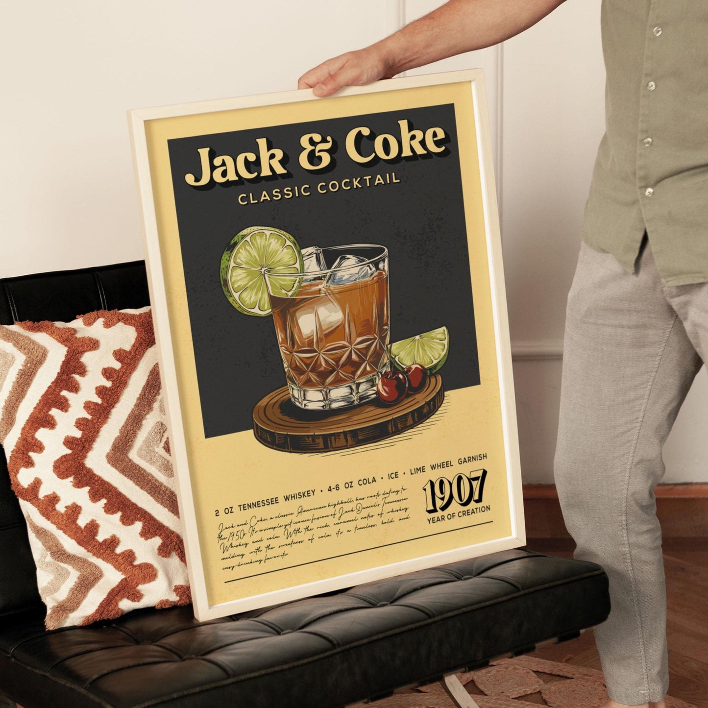 Jack and Coke Cocktail Print, Jack and Coke Cocktail Poster | Bar Cart Prints | Vintage Cocktail Art Bar Accessories for Home Bar Cart