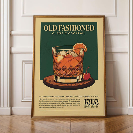 Old Fashioned Cocktail Print, Old Fashioned Cocktail Poster, Bar Wall Art, Classic Bar Cart Art Prints, Retro Print, Bar Accessories
