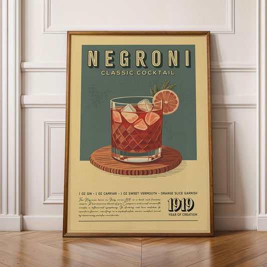 Negroni Cocktail Print, Negroni Cocktail Poster, Bar Wall Art, Classic Bar Cart Art Prints, Retro Cocktail Print, Bar Accessories