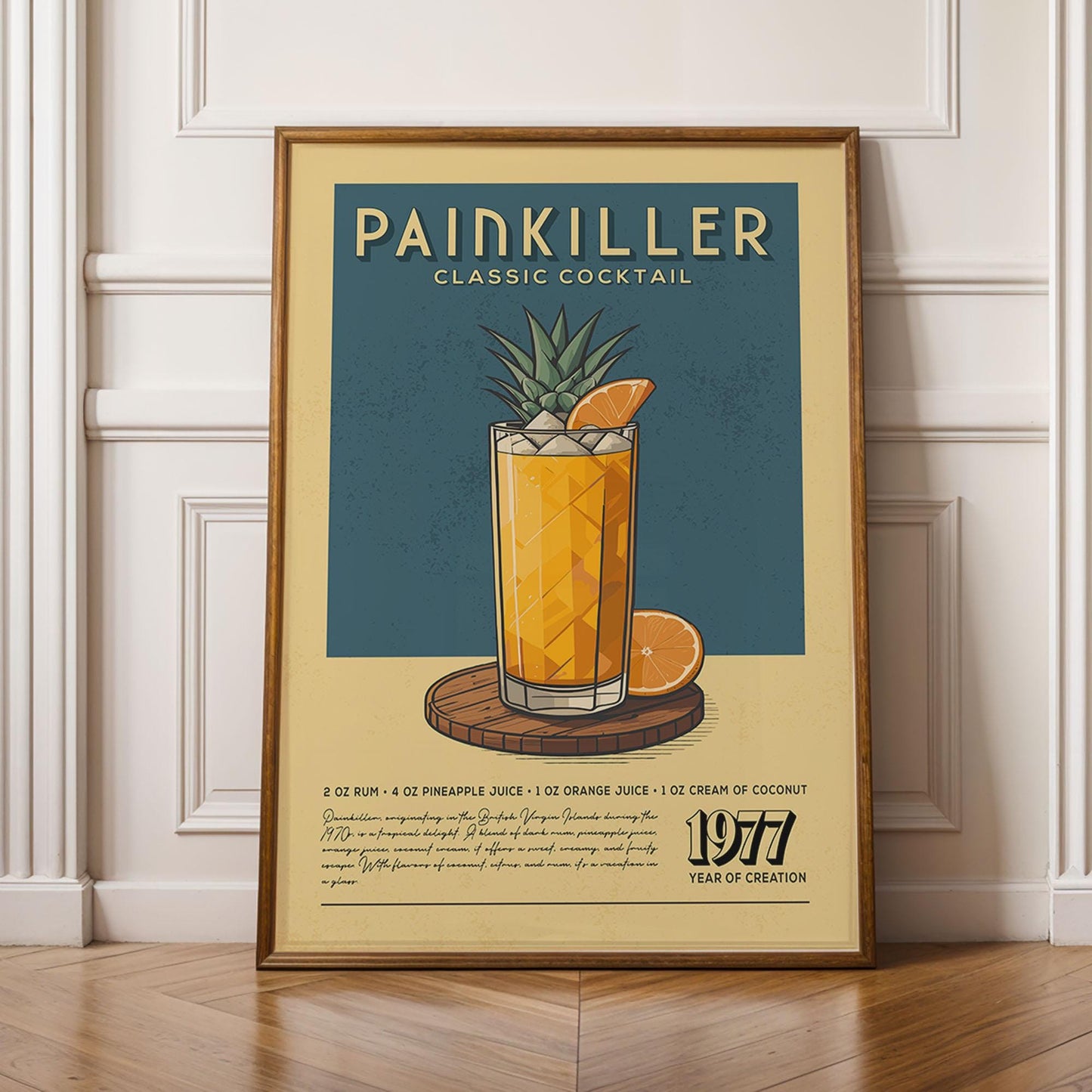 Painkiller Cocktail Poster, Mid Century Modern Painkiller Cocktail Print | Bar Cart Prints | Vintage Rum Cocktail Print for Bar Cart