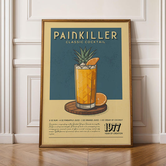 Painkiller Cocktail Poster, Mid Century Modern Painkiller Cocktail Print | Bar Cart Prints | Vintage Rum Cocktail Print for Bar Cart