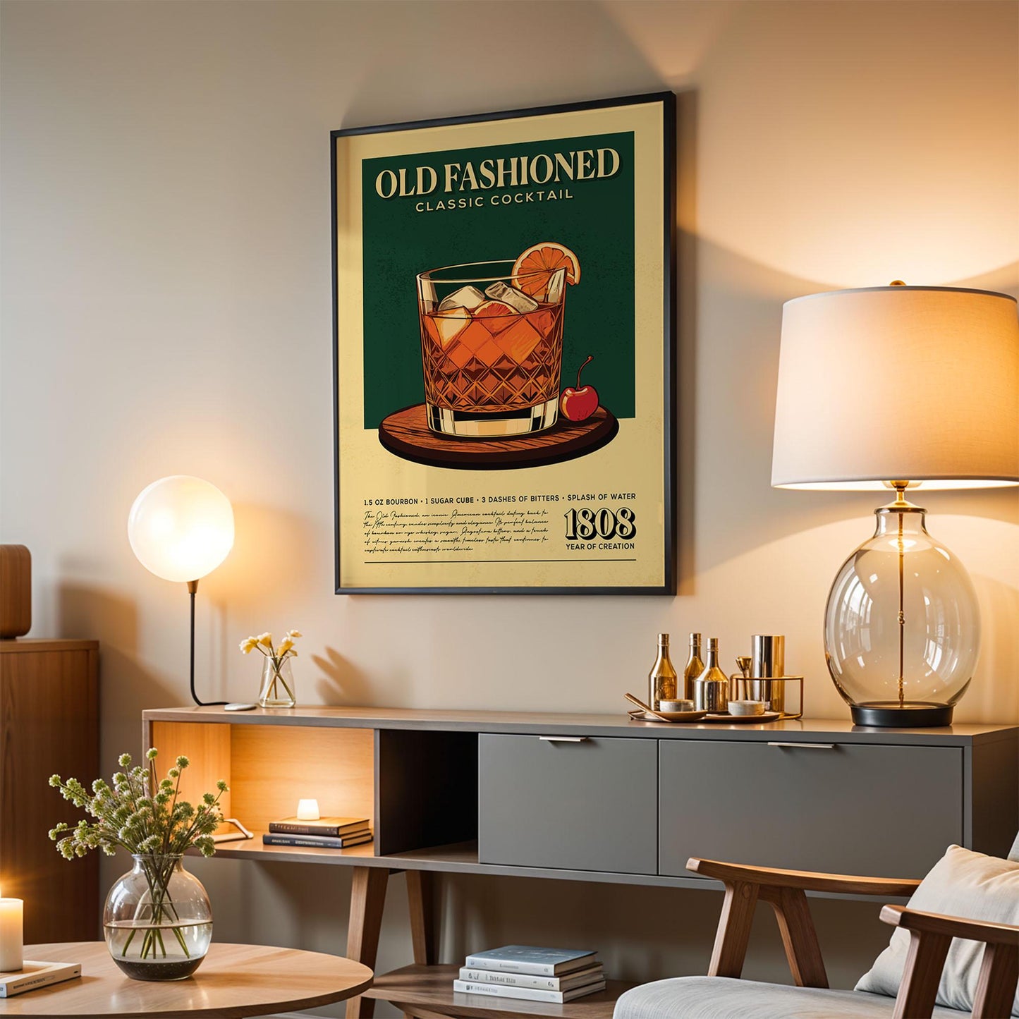 Old Fashioned Cocktail Print, Old Fashioned Cocktail Poster, Bar Wall Art, Classic Bar Cart Art Prints, Retro Print, Bar Accessories