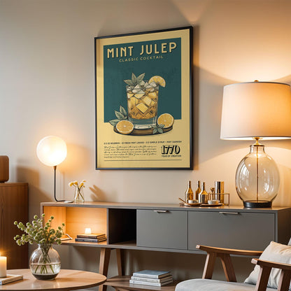 Mint Julep Cocktail Print, Mint Julep Cocktail Poster | Bar Cart Prints | Vintage Cocktail Recipe Poster for Bar Cart