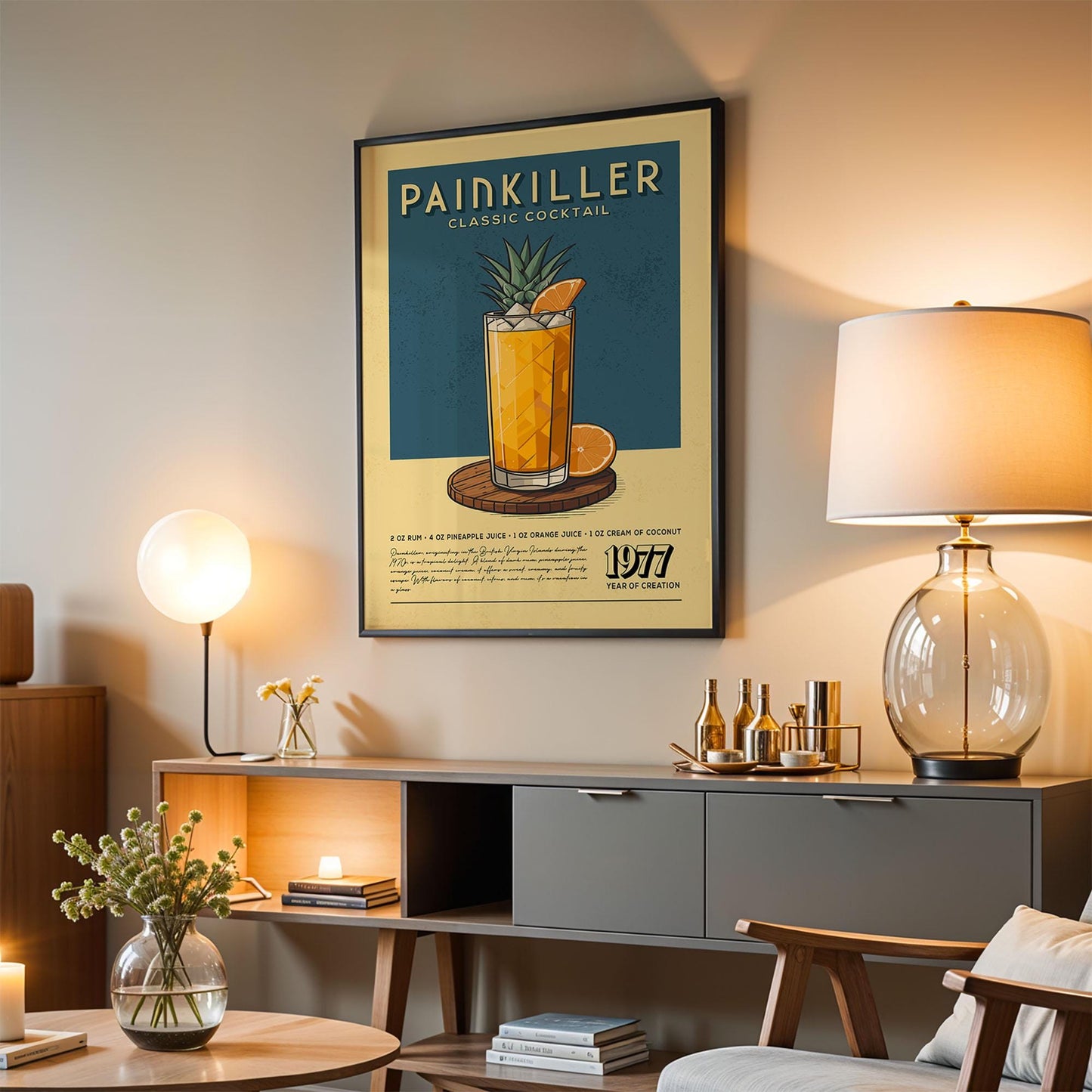 Painkiller Cocktail Poster, Mid Century Modern Painkiller Cocktail Print | Bar Cart Prints | Vintage Rum Cocktail Print for Bar Cart