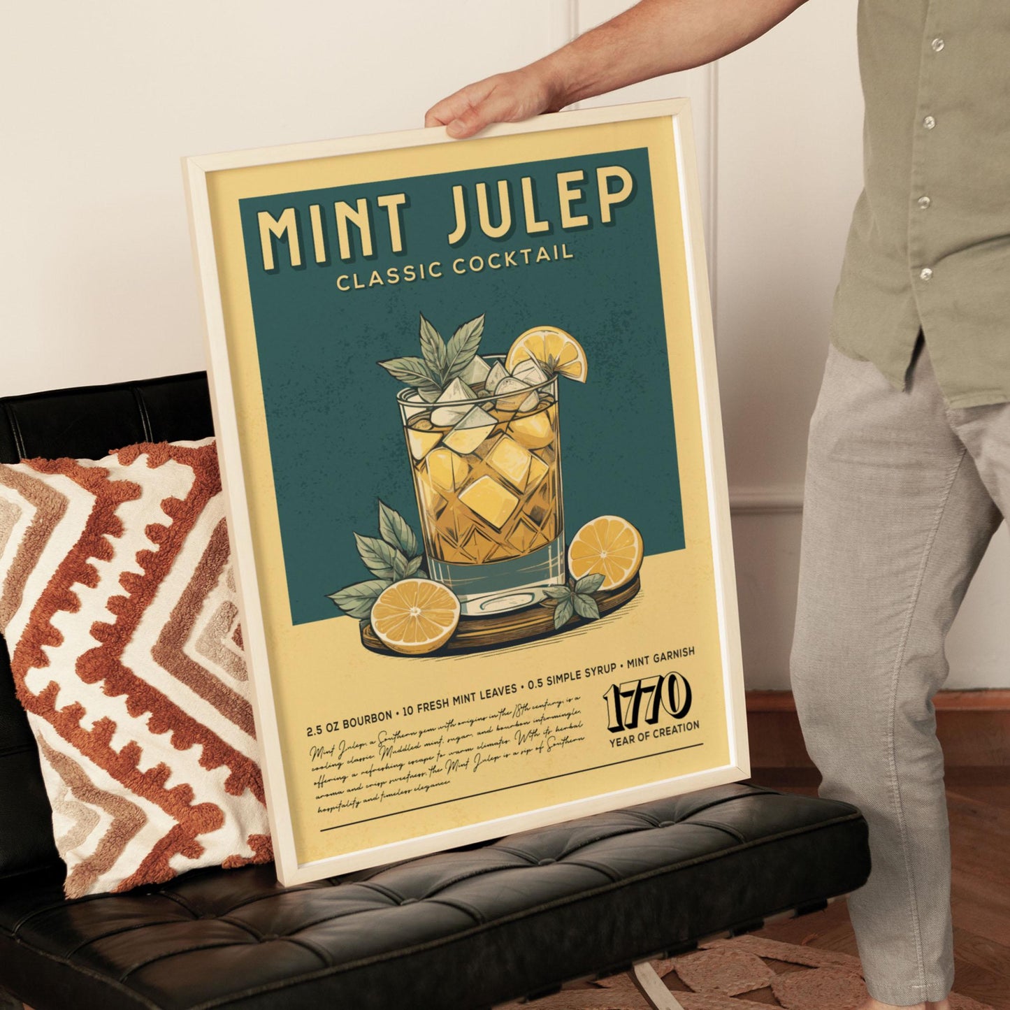 Mint Julep Cocktail Print, Mint Julep Cocktail Poster | Bar Cart Prints | Vintage Cocktail Recipe Poster for Bar Cart