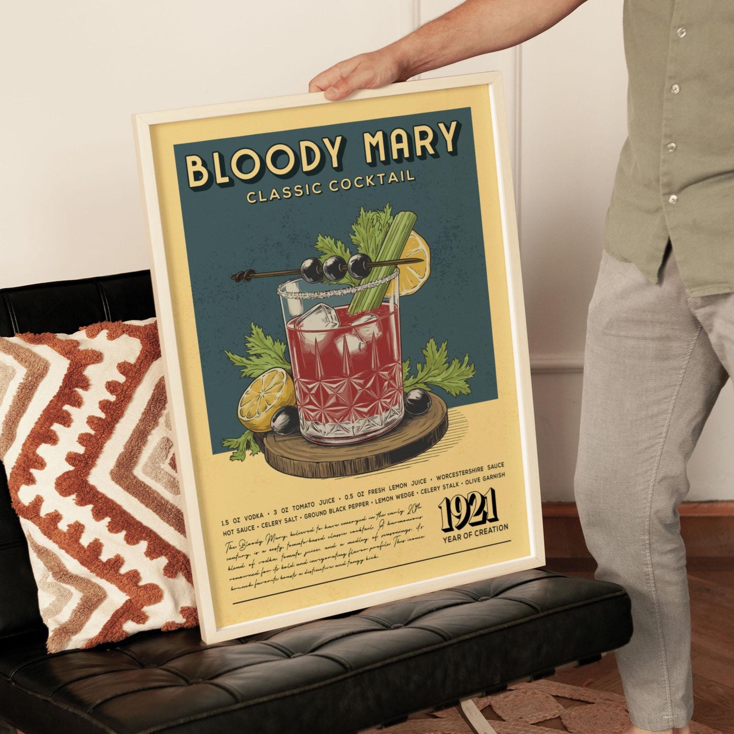 Bloody Mary Cocktail Print, Bloody Mary Cocktail Poster | Bar Cart Prints | Vintage Cocktail Art Bar Accessories for Home Bar Cart