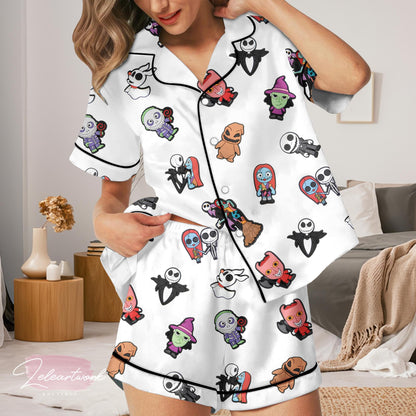 Horror Movie Characters Pajama Set – White Satin Short Sleeve & Shorts with Cute Spooky Cartoon Print | Halloween Sleepwear