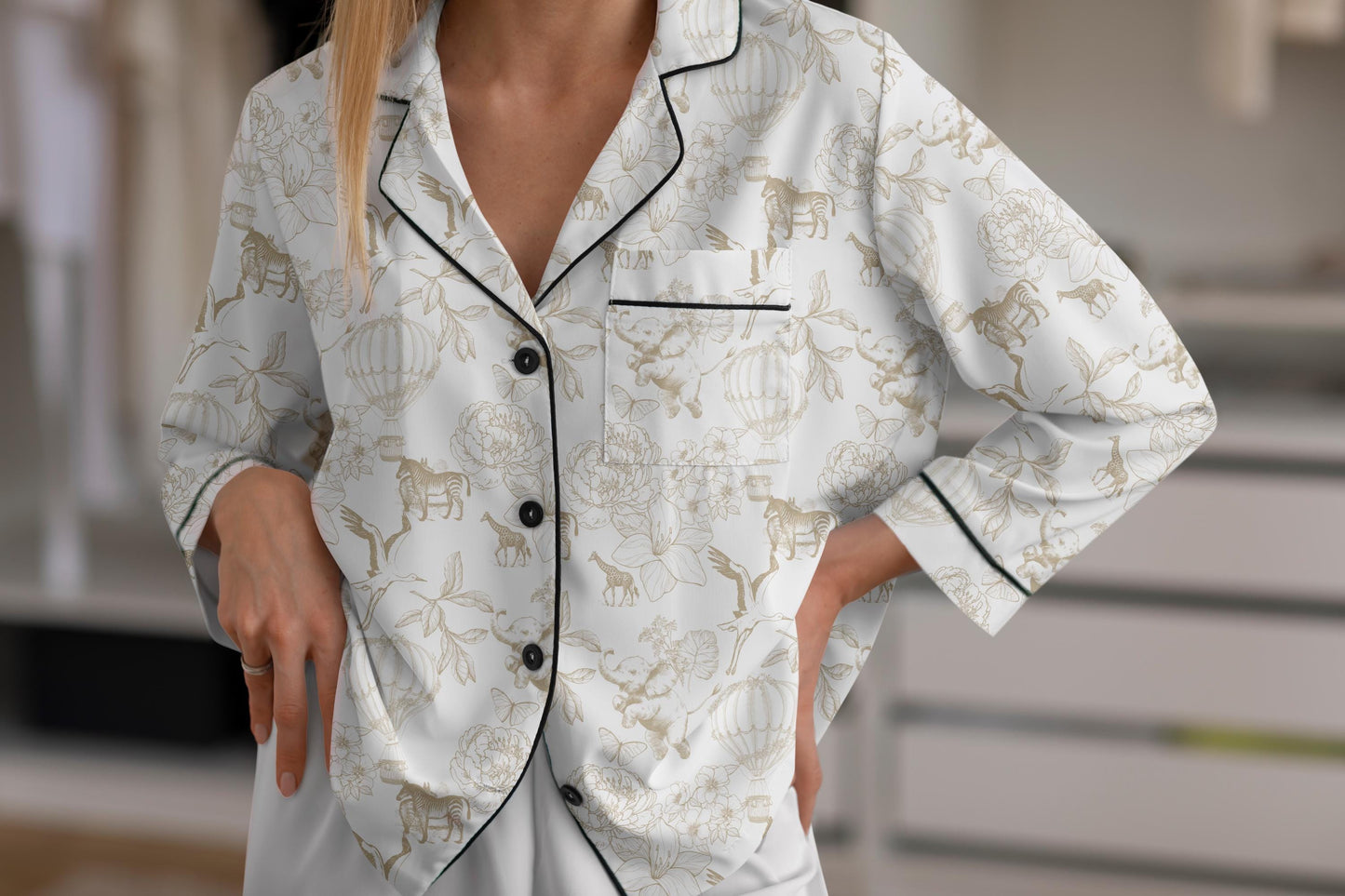 Pearls and Prosecco Bridal Pajamas – Toile de Jouy Satin Pajama Set – Bride Getting Ready Outfit – Bridesmaid Gift Box – Wedding PJs