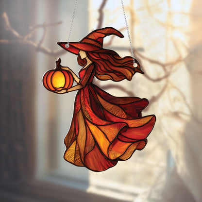 Autumn Witch Window Hanging with Pumpkin Lantern – Enchanting Fall Halloween Decor for Cozy Seasonal Home Accent