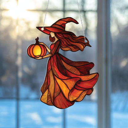 Autumn Witch Window Hanging with Pumpkin Lantern – Enchanting Fall Halloween Decor for Cozy Seasonal Home Accent