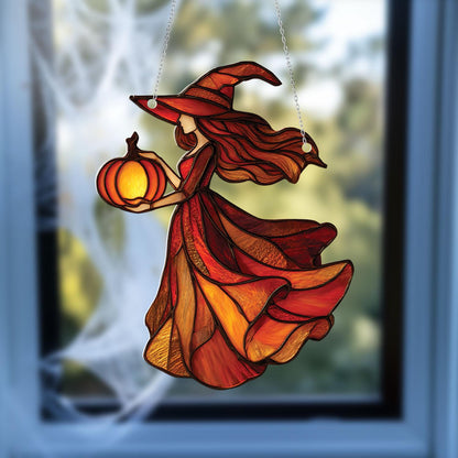 Autumn Witch Window Hanging with Pumpkin Lantern – Enchanting Fall Halloween Decor for Cozy Seasonal Home Accent