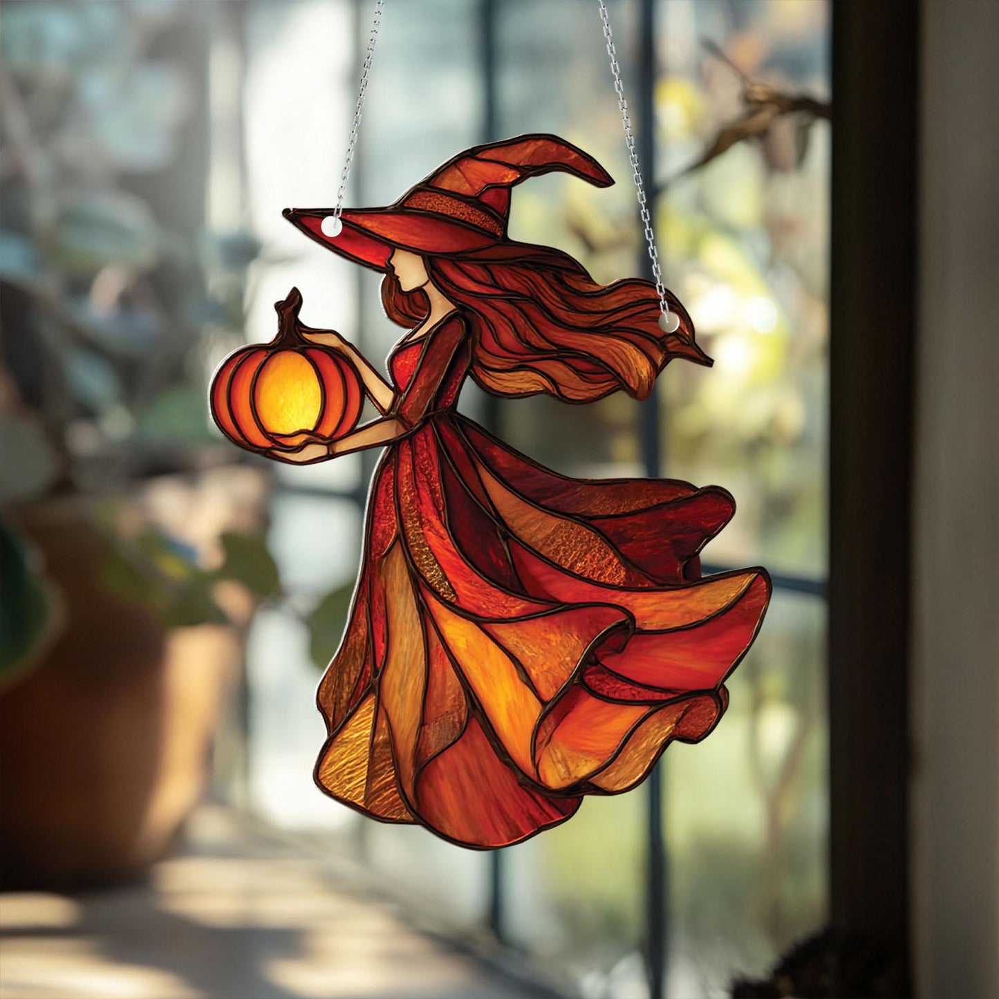Autumn Witch Window Hanging with Pumpkin Lantern – Enchanting Fall Halloween Decor for Cozy Seasonal Home Accent