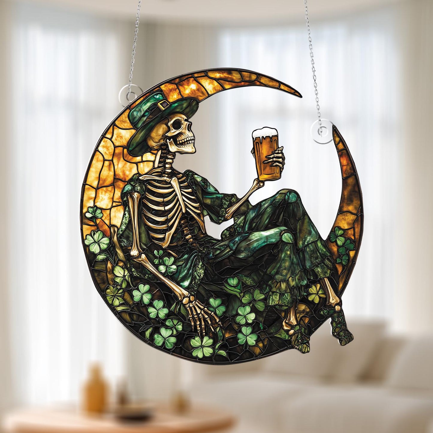 Leprechaun Skeleton on Crescent Moon Window Hanging – St. Patrick’s Day Beer Lover Decor with Shamrocks for Festive Home Accent