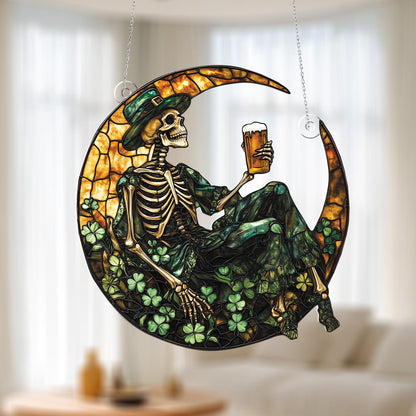 Leprechaun Skeleton on Crescent Moon Window Hanging – St. Patrick’s Day Beer Lover Decor with Shamrocks for Festive Home Accent