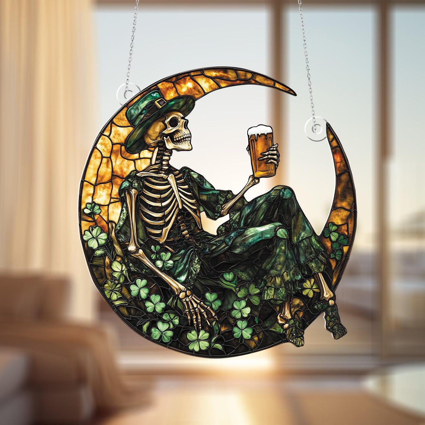 Leprechaun Skeleton on Crescent Moon Window Hanging – St. Patrick’s Day Beer Lover Decor with Shamrocks for Festive Home Accent