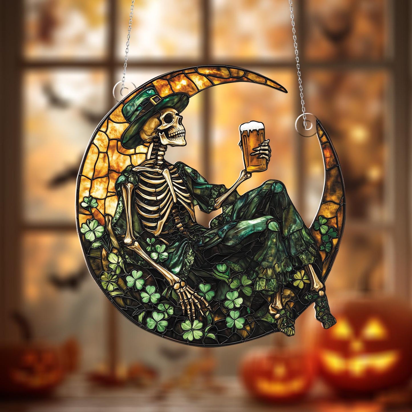 Leprechaun Skeleton on Crescent Moon Window Hanging – St. Patrick’s Day Beer Lover Decor with Shamrocks for Festive Home Accent