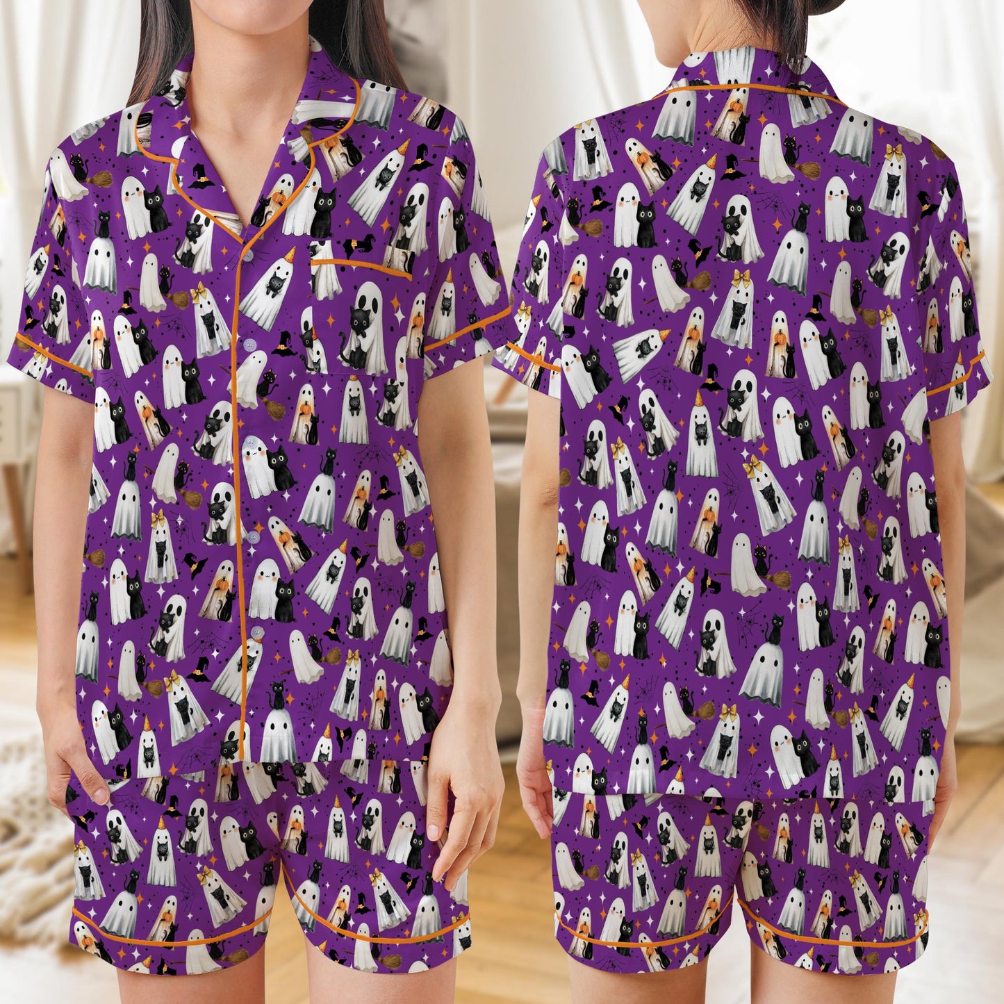 Black Cat And Ghost Halloween Satin Pajama Set, Cute Boo Ghost Cat Halloween Pajamas, Spooky Season Loungewear For Women, Halloween Gift
