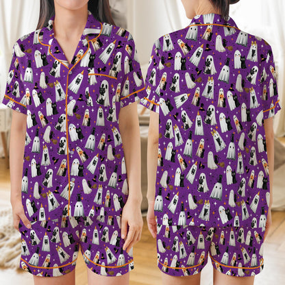 Black Cat And Ghost Halloween Satin Pajama Set, Cute Boo Ghost Cat Halloween Pajamas, Spooky Season Loungewear For Women, Halloween Gift