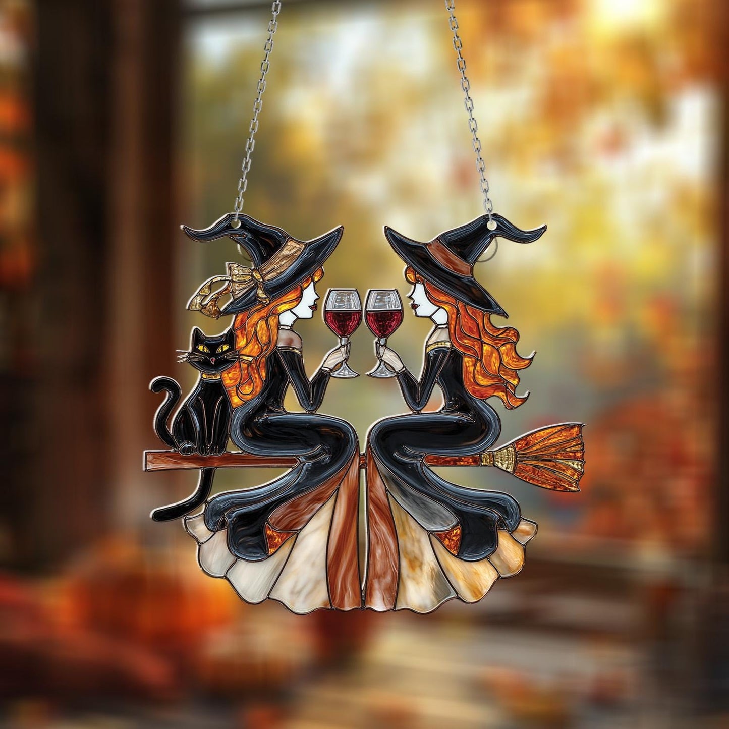 Fall Witches Window Hanging with Wine Glasses and Black Cat – Autumn Halloween Home Decor, Witchy Gift for Friends
