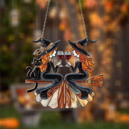 Fall Witches Window Hanging with Wine Glasses and Black Cat – Autumn Halloween Home Decor, Witchy Gift for Friends
