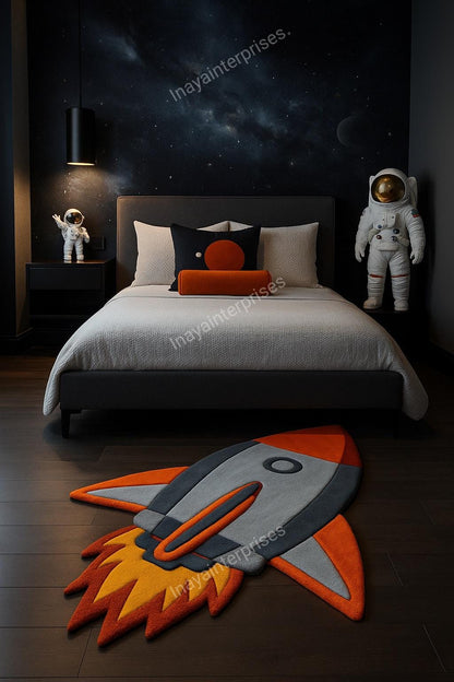 Hand-Tufted Wool Rocket Ship Rug: Space Nursery Decor
