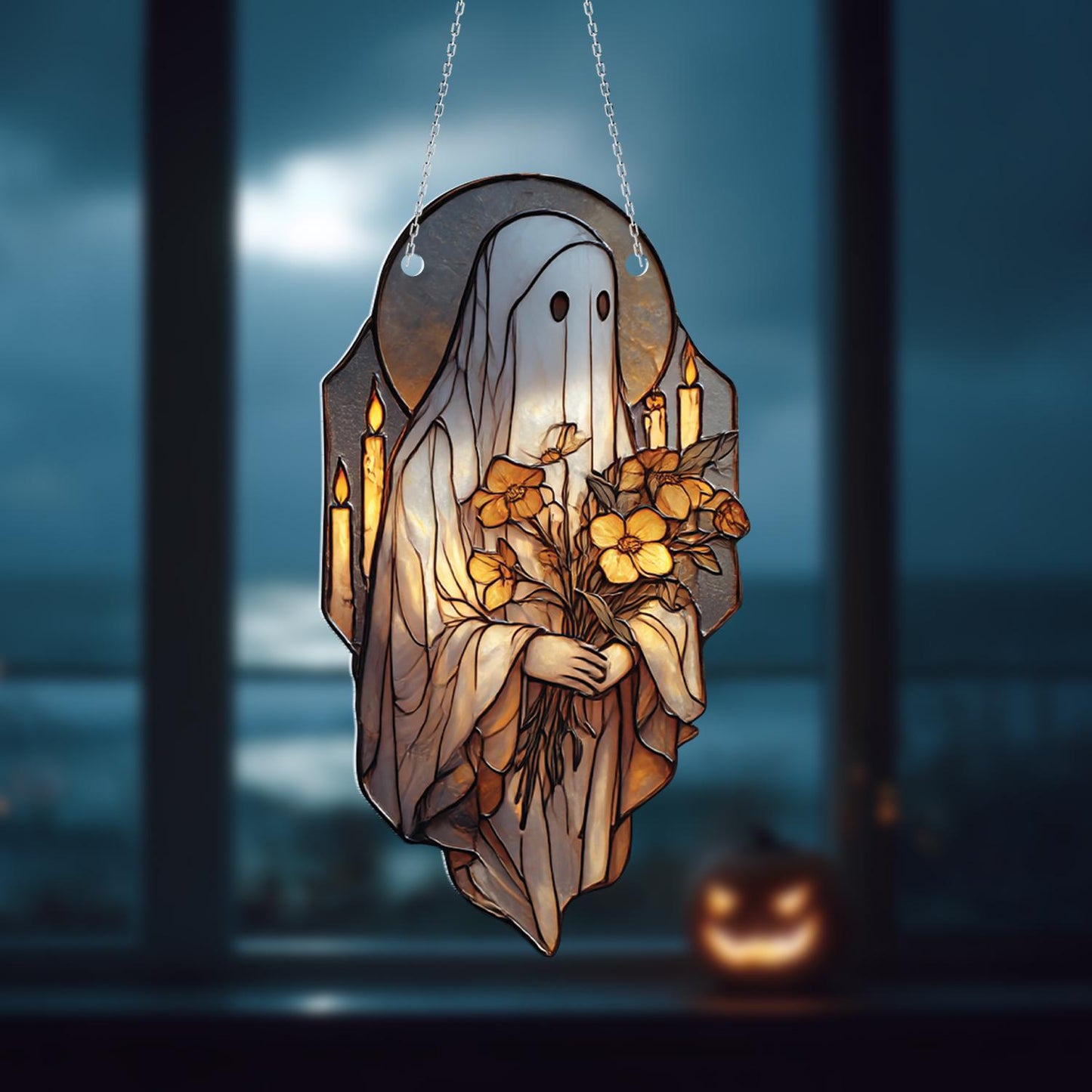 Gothic Hooded Figure Acrylic Window Hanging with Flowers – Spooky Dark Art Home Decor for Halloween, Witchy, Gothic Room