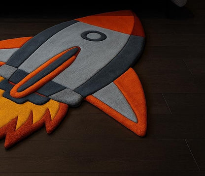 Hand-Tufted Wool Rocket Ship Rug: Space Nursery Decor